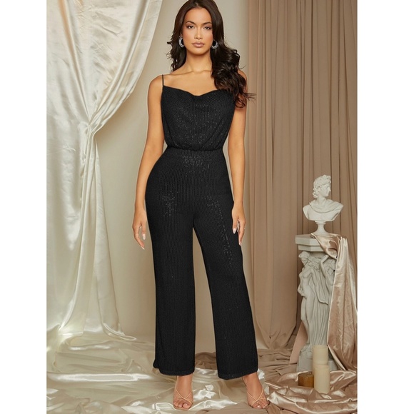 Sequined Cami Cowl Neck Jumpsuit Black Party Playsuit Long - Picture 3 of 7